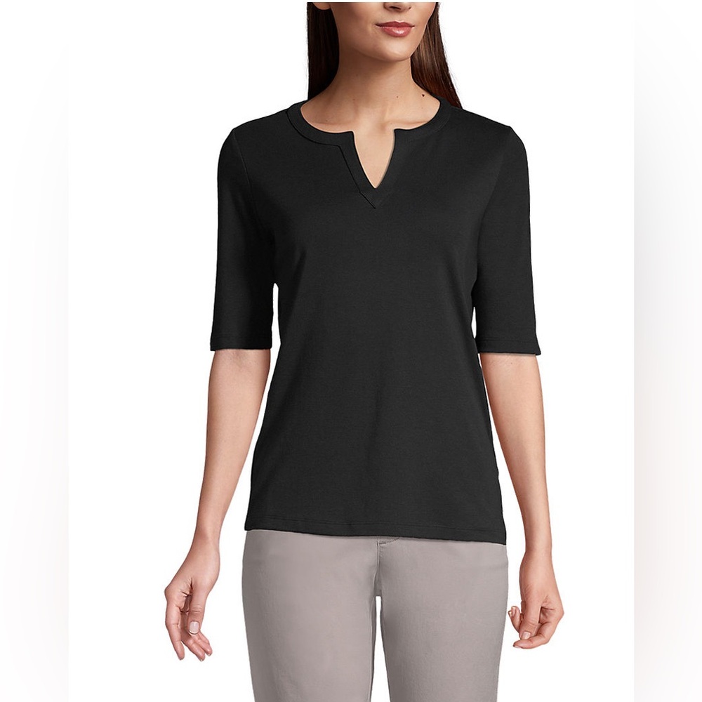 Land’s End Black Cotton Blend Modern Half Sleeve SplitNeck Shirt Top Size XLarge